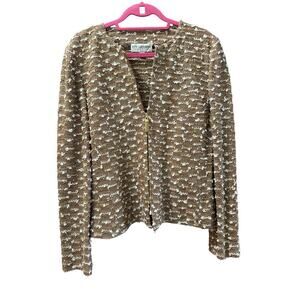 St. John Collection Women's Brown White Tweed Knit Zip Up Sweater Jacket Size 10